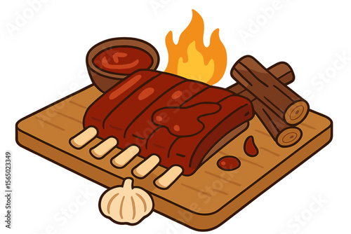 Bbq grill and garlic with sauce on cutting board vector illustration for culinary art and recipe design