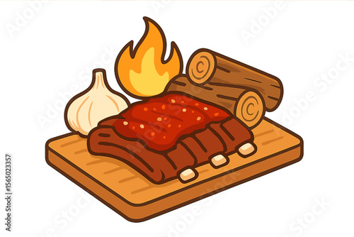 Delicious bbq ribs vector illustration with garlic and fire in cartoon style for food design