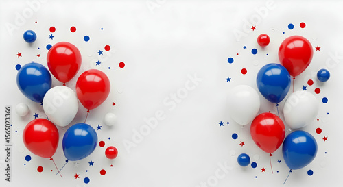 Bastille Day Celebration with Vibrant Red, White, and Blue Balloons and Confetti Border on Clean White Background and Copy Space