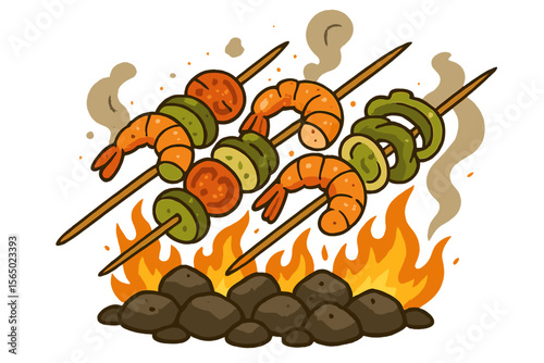 Barbecue skewers with shrimp and vegetables vector illustration for summer cookout design
