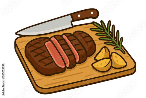 Delicious grilled steak with potatoes and rosemary vector illustration for culinary design
