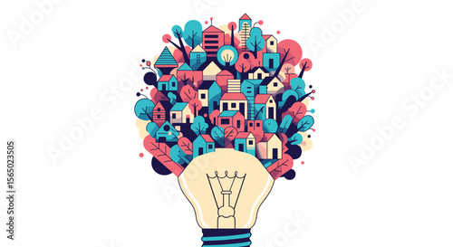 Creative Light Bulb Idea Generating Colorful Village Architecture and Nature Elements Abstract Artistic Concept