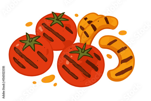 Grilled vegetables illustration with tomatoes and zucchini in watercolor vector art