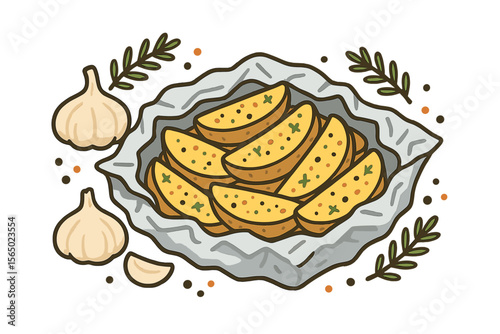 Delicious baked potato wedges with garlic and herbs vector illustration for food design