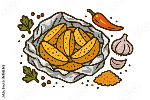 Spicy potato wedges with garlic and chili pepper vector illustration for recipe design
