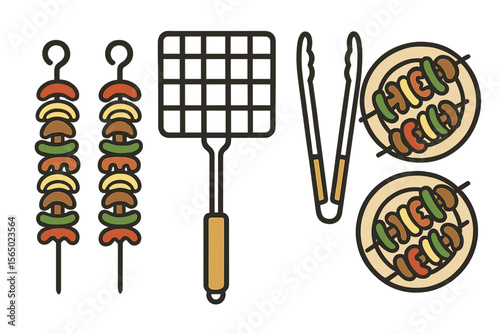 Grilled skewers and utensils vector illustration for barbecue design in flat style