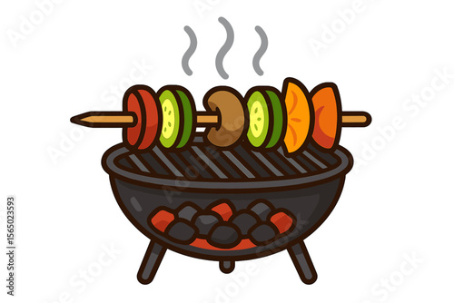 Grilled vegetable skewer on charcoal bbq vector illustration in flat style