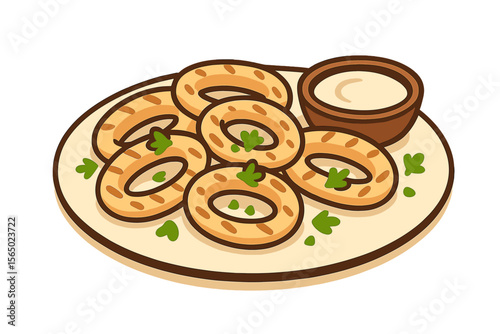 Delicious onion rings with dipping sauce vector illustration - perfect for restaurant menu design and posters