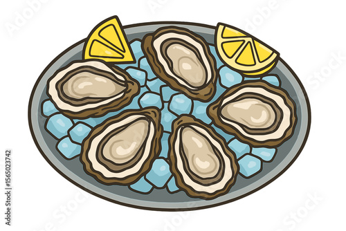 Fresh seafood platter with oysters and lemon wedges on ice flat vector illustration for culinary design