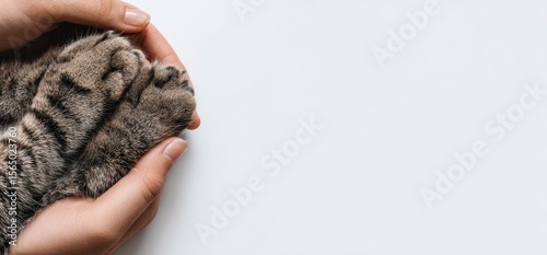 Two hands cradling a tabby cats paws against a white background