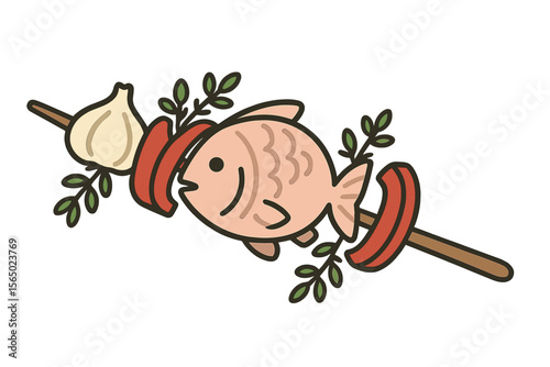 Barbecue skewer vector illustration featuring fish, mushroom, and garlic in a flat style for culinary design