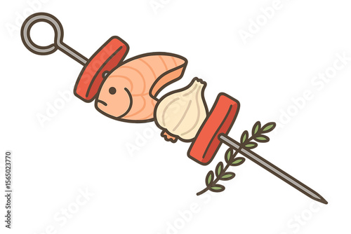 Grilled seafood skewer vector illustration with garlic and tomato in flat style for culinary design