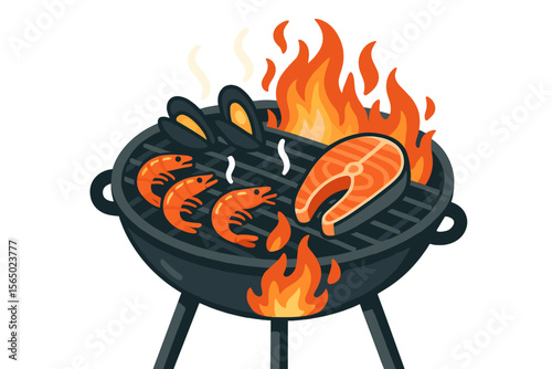 Summer barbecue vector illustration with seafood on grill – design for recipe cards and culinary posters