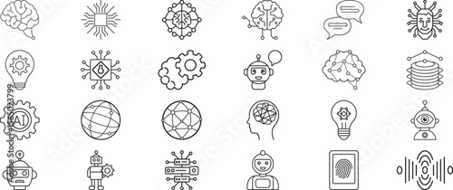 Artificial Intelligence Technology Icon Set – Minimalist Line Style