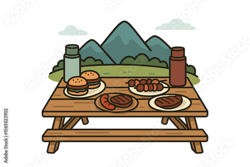 Picnic table with food in nature vector illustration for outdoor design and decor