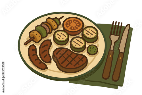 Delicious bbq plate vector illustration: grilled steak, sausages, veggies for menu or poster design