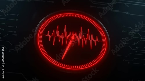 Red digital speedometer displaying heartbeat patterns against a dark technological background