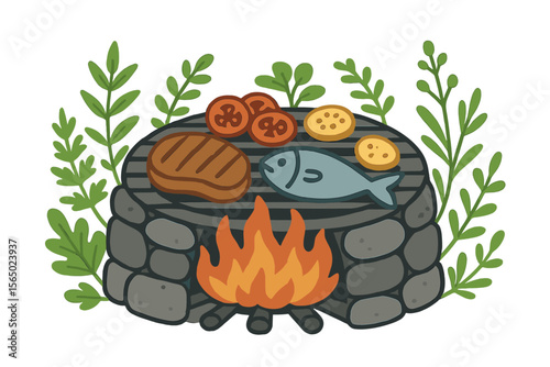 Outdoor barbecue vector illustration with grilled steak, fish, and vegetables in cartoon style