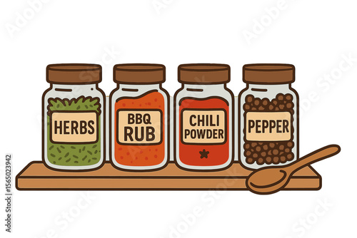 Flat vector illustration of spice jars collection with herbs, bbq rub, chili powder, and pepper for kitchen decor or recipe design