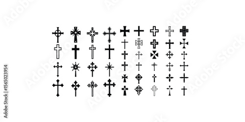 Print  Christian cross set. Abstract religious cross icon collection. Set of cross icons for religion. Cross shape collection