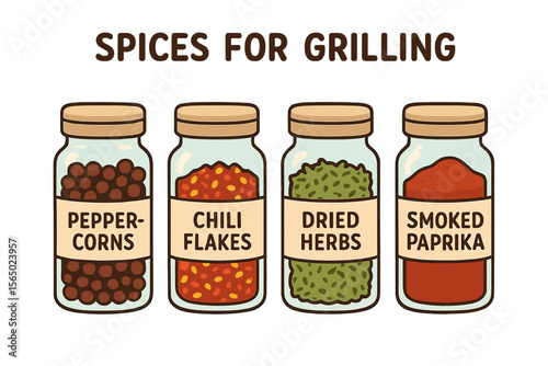 Spices for grilling vector illustration with jars of peppercorns, chili flakes, dried herbs, and smoked paprika