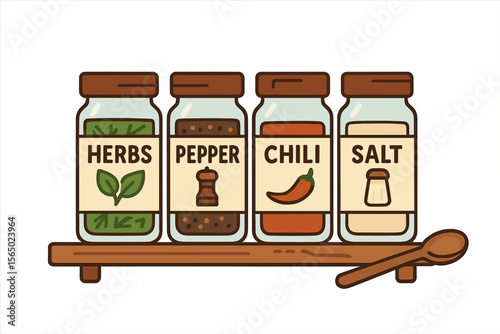 Flat vector illustration of kitchen spice jars with herbs, pepper, chili, and salt for cooking design