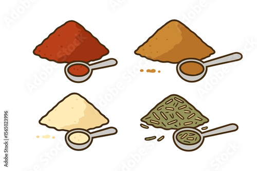 Assorted spice powders with spoons vector illustration for culinary design