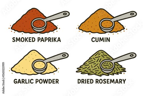 Spice collection vector illustration: smoked paprika, cumin, garlic powder, dried rosemary for kitchen decor
