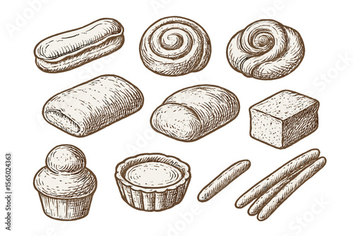 Hand drawn bakery pastry vector illustration - delicious treats for culinary design