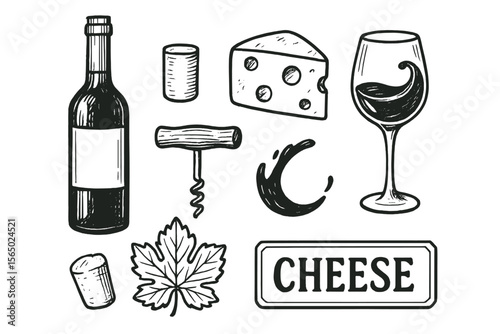 Wine and cheese vector illustration for autumn-themed designs in hand drawn style
