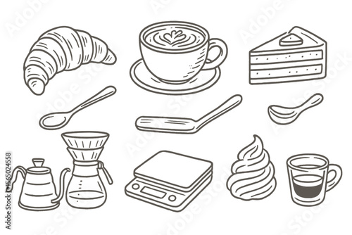 Coffee and pastry elements vector illustration for cafe design in hand drawn style
