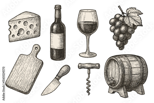 Hand drawn wine and cheese vector illustration for culinary design and restaurant decor