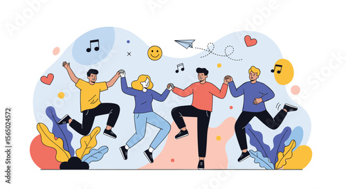 A group of cheerful friends enjoy a joyful outdoor celebration with music and dancing under a bright sky