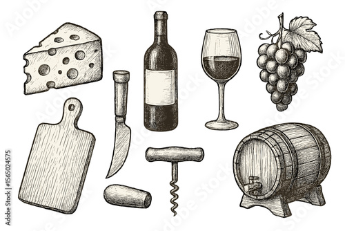 Vintage wine and cheese vector illustration for culinary design in hand drawn style