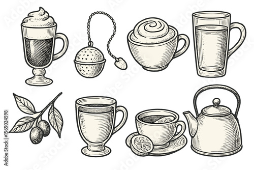 Cozy beverage collection: hand drawn vector illustration for cafe decor and menu design