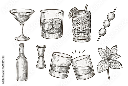 Vintage barware and cocktail vector illustration for retro design and decor