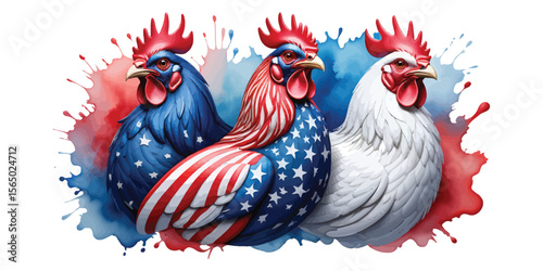 Patriotic Roosters in Red White and Blue with Watercolor Splatter Background for Fourth of July