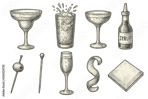 Hand drawn cocktail and bar tools vector illustration for drink menu design