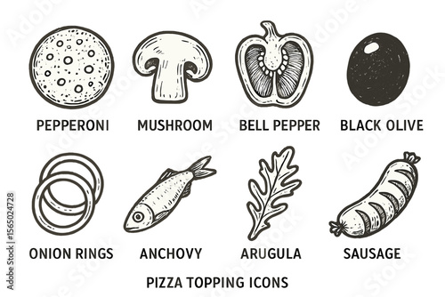 Hand drawn pizza topping icons vector illustration - design for menu, poster, card