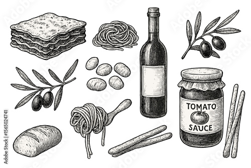Italian cuisine vector illustration: hand drawn ingredients and pasta elements for gourmet design