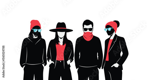 Four Stylish Individuals Standing Together Displaying Fashionable Attire and Bold Headwear for Creative Expression