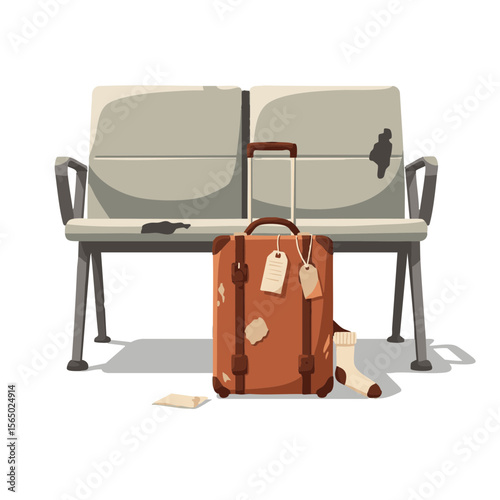 Abandoned Suitcase with Torn Tags and Sock, Flat Vector on White
