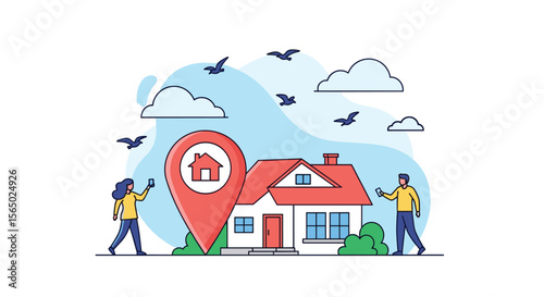 Finding the Perfect Home Location with a Giant Pin and House Marker Illustration