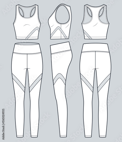 Activewear Set technical fashion illustration. Sports Bra and Leggings fashion flat technical drawing template, front, side and back view, white, women, men, unisex CAD mockup.