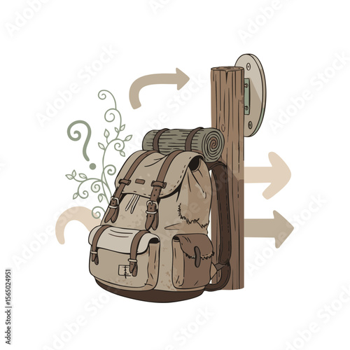 Backpack Against Terminal Post with Question Vines, Flat Lost Item Icon