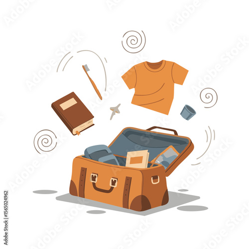 Open Luggage with Scattered Items and Motion Swirls, Flat Travel Icon
