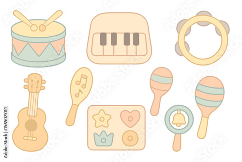 Children's musical instruments vector illustration for kids room decor in soft pastel colors