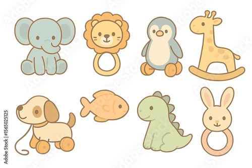 Cute animal baby toys vector illustration for children's room decor or nursery design in flat style