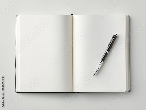 Open blank notebook with black pen on white surface for writing or note taking