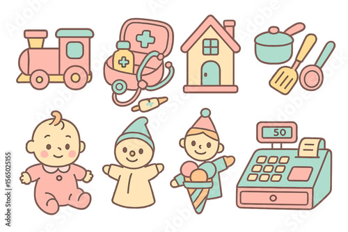 Cute baby and household items vector illustration in pastel colors for children's design